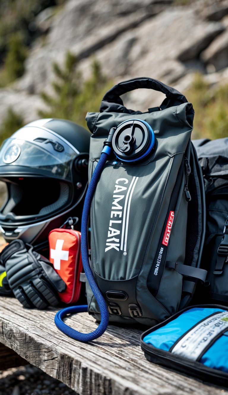 A CamelBak hydration pack displayed with motorcycle helmet, gloves, first aid kit, and travel bags on an outdoor surface.