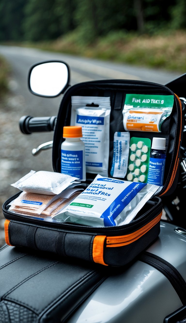 An open motorcycle first aid kit with organized medical supplies on a motorcycle seat outdoors.