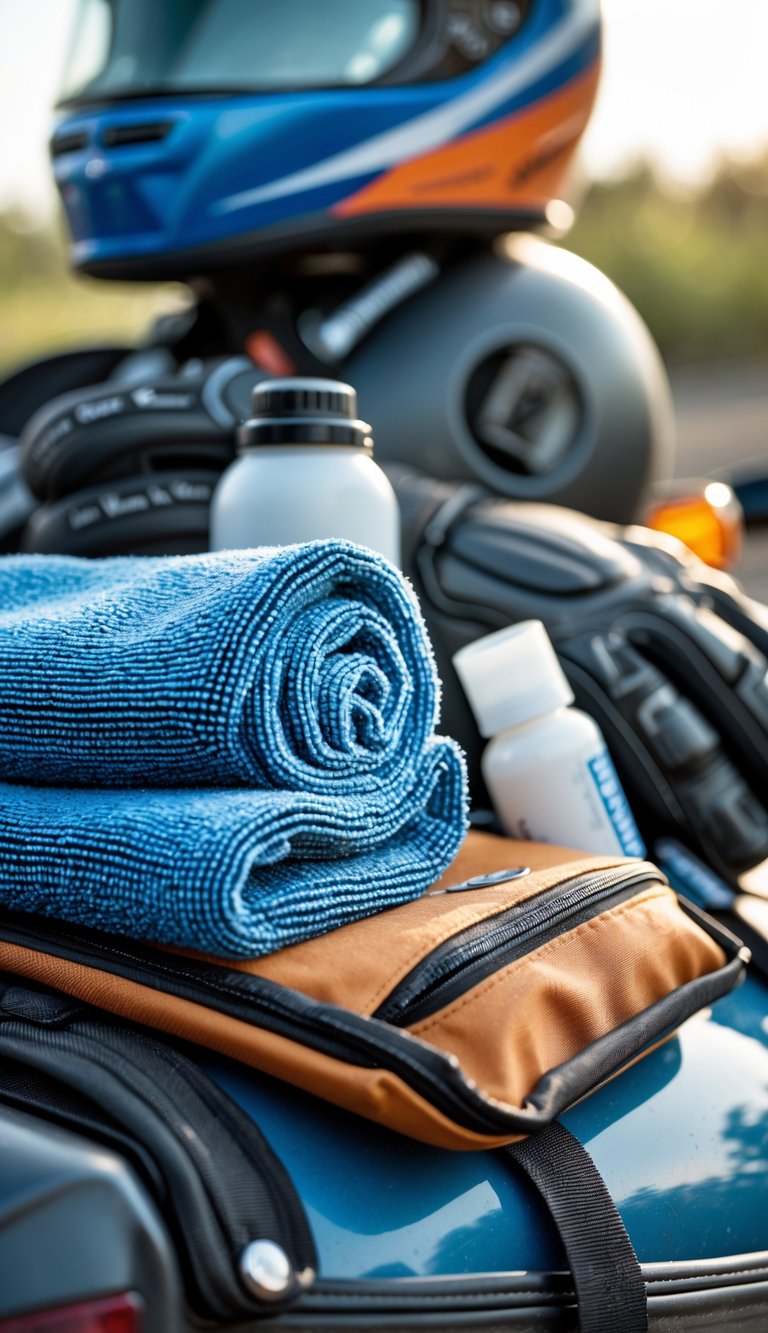 Motorcycle road trip packing setup with a microfiber cleaning cloth and essential travel gear arranged on a surface.