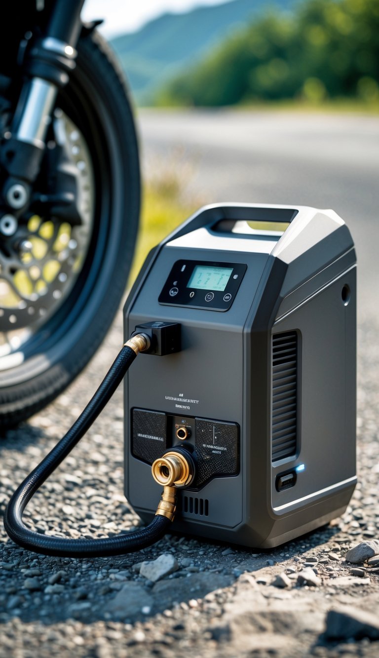 Portable tire inflator connected to a motorcycle tire on a road with a scenic outdoor background.