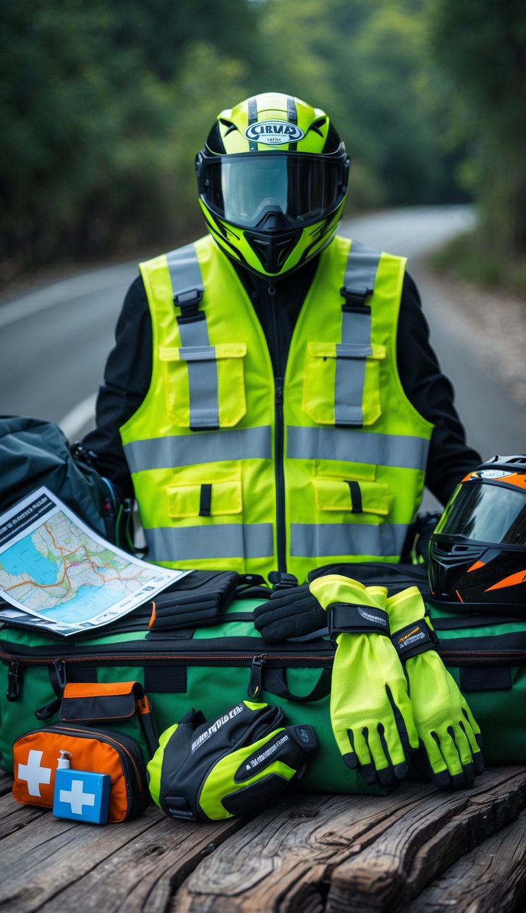 A reflective safety vest laid out with motorcycle gear including a helmet, gloves, first aid kit, and packed bags on a wooden surface.
