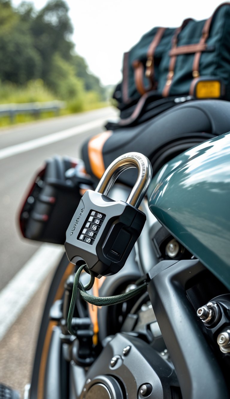 A motorcycle secured with an anti-theft lock, surrounded by packed travel gear ready for a road trip.