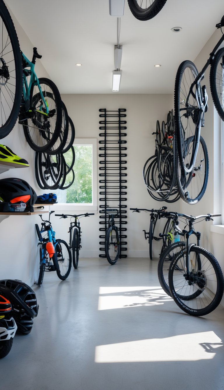 A garage with several bicycles stored vertically on wall-mounted racks, surrounded by shelves with cycling gear and tools.