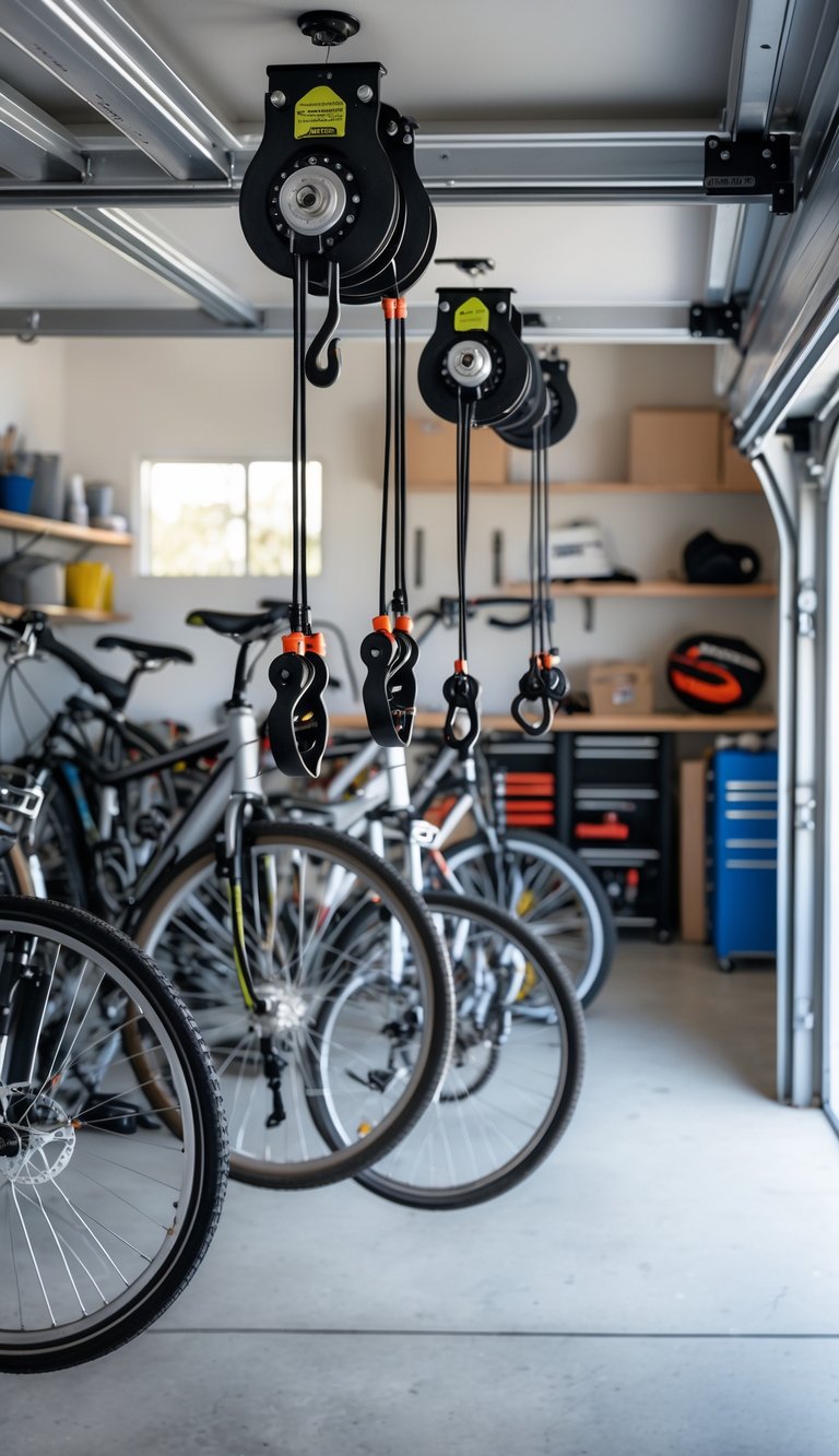 An organized garage with bicycles hanging from ceiling hoist pulley systems, showing a neat and spacious bike storage setup.