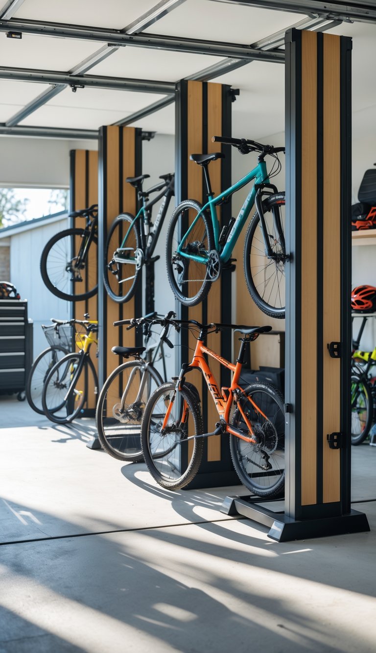 A garage with several freestanding bike storage towers holding different types of bicycles in an organized and tidy space.