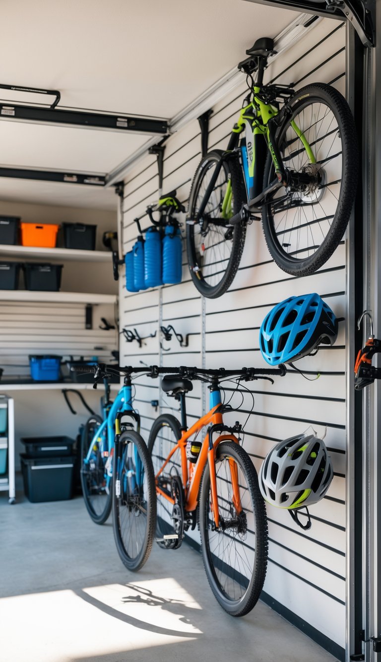 A clean garage with slatwall panels holding bikes and bike accessories on hooks, showing organized bike storage.
