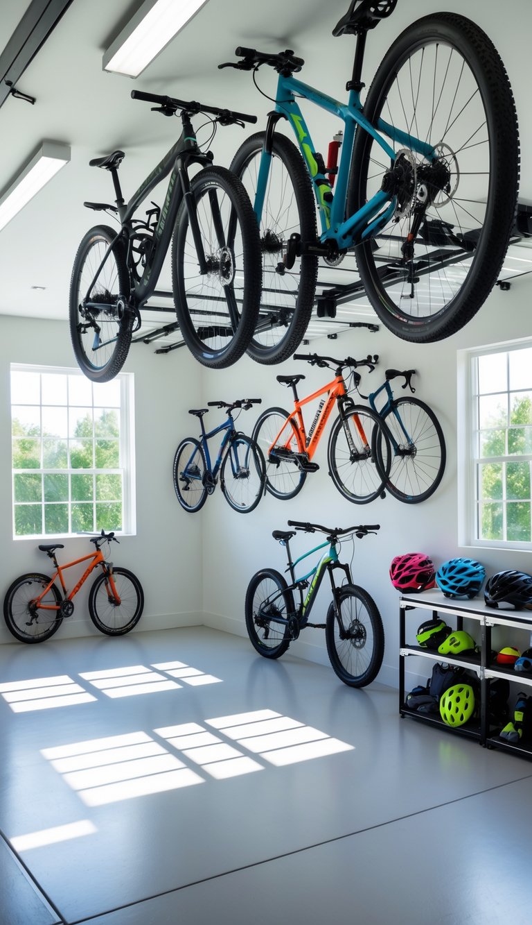 A spacious garage with multiple bicycles stored overhead on ceiling racks and organized shelves holding sports equipment below.