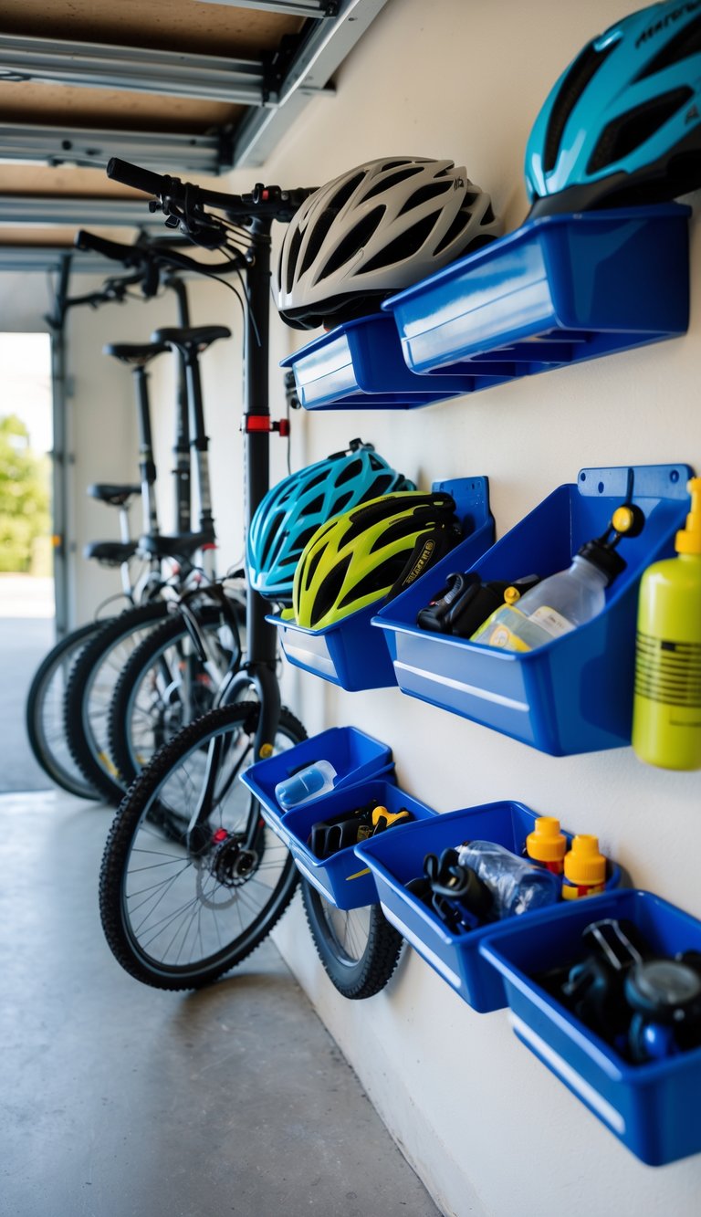 A garage with bicycles stored and small trays holding bike accessories like helmets, gloves, and tools.