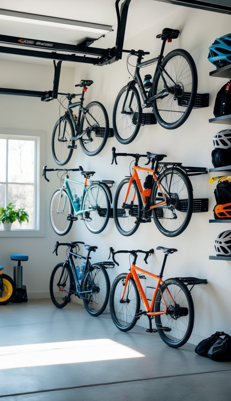 Garage interior with fold-down wall bike racks holding several bicycles and organized storage shelves.
