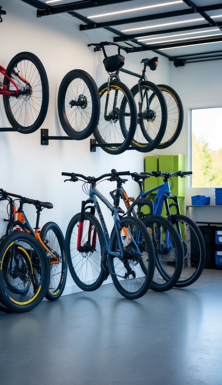 A clean garage wall with multiple bicycles hanging on magnetic bike hangers and organized shelves in the background.