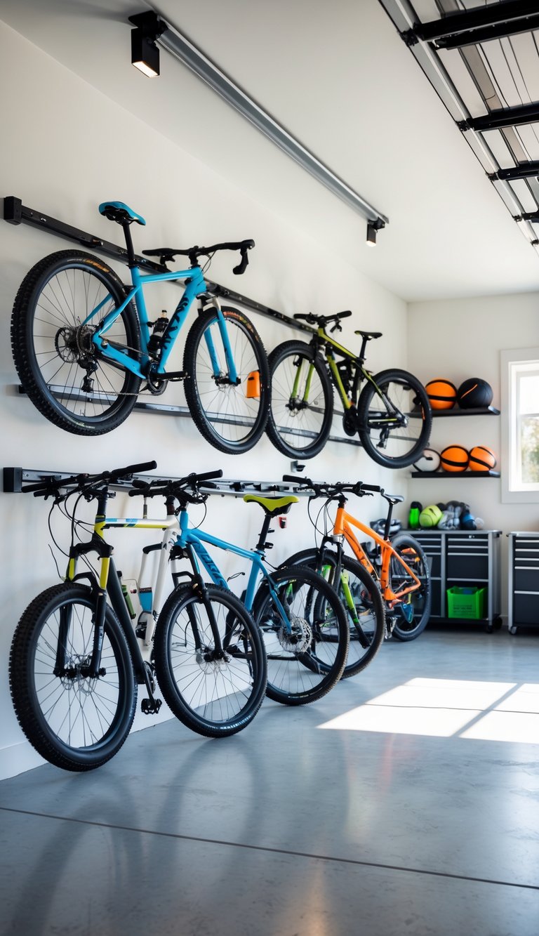 Garage interior with multiple horizontal wall-mounted bike racks holding various bicycles neatly along the wall.