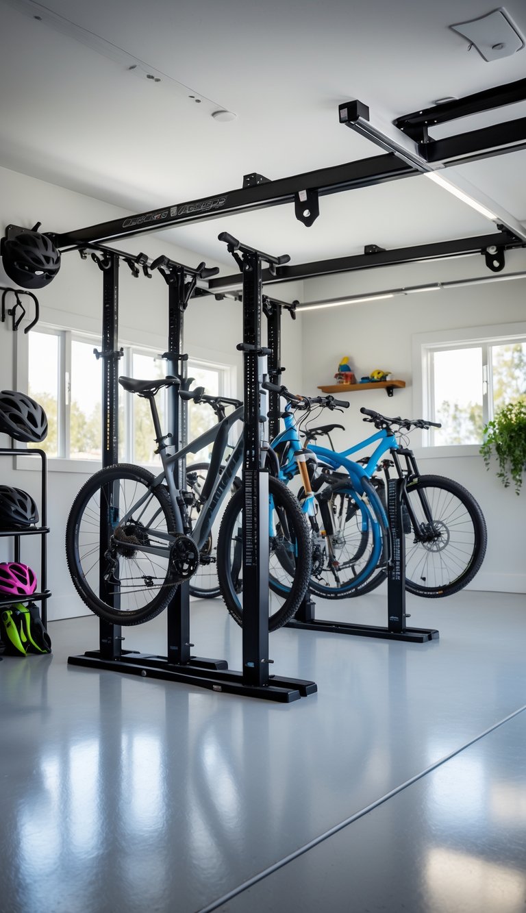 A bright, organized garage with adjustable multi-bike stands holding several bicycles and neatly arranged bike accessories.