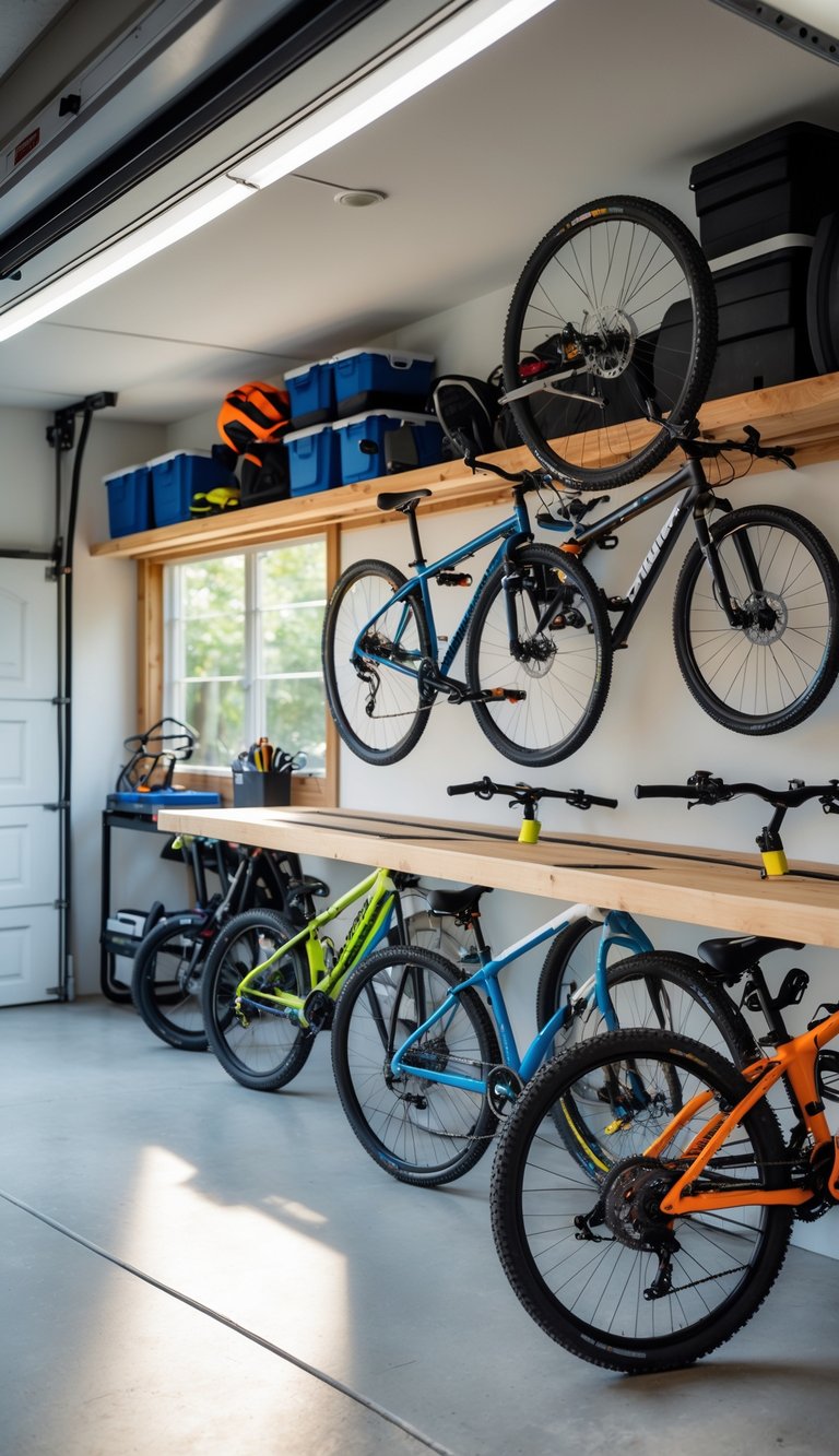 A clean garage with several bicycles hanging from hooks beneath a workbench, surrounded by organized shelves and storage bins.
