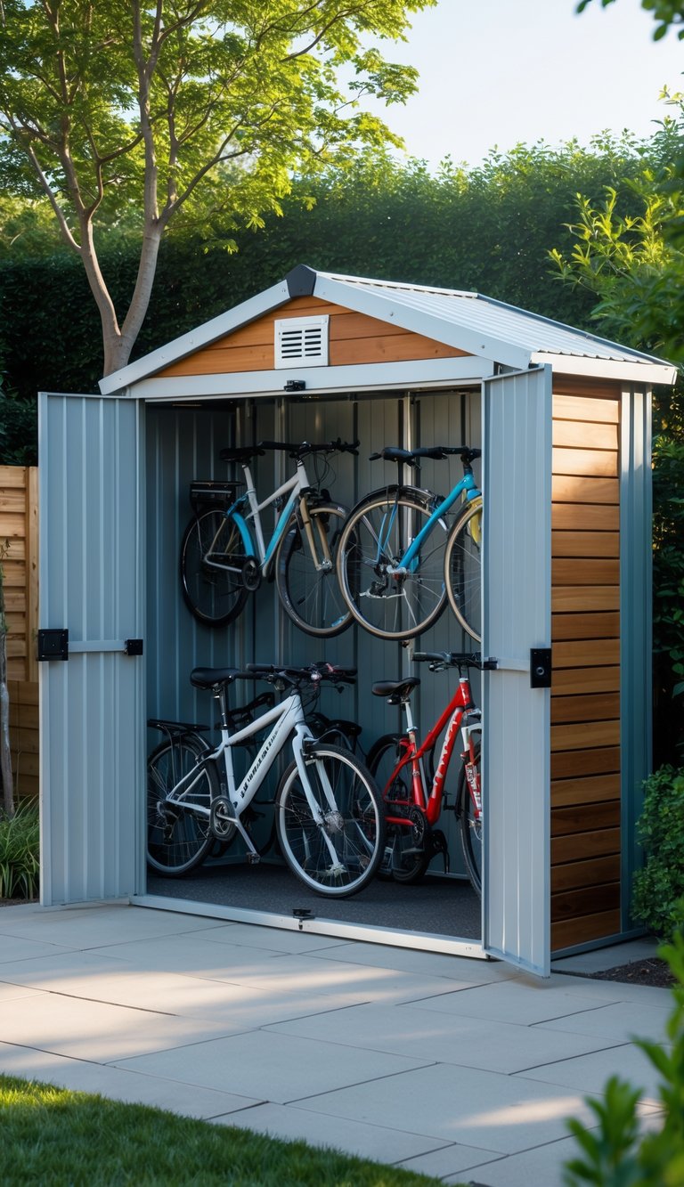 Outdoor bike shed with several locked bicycles stored inside in a backyard setting.