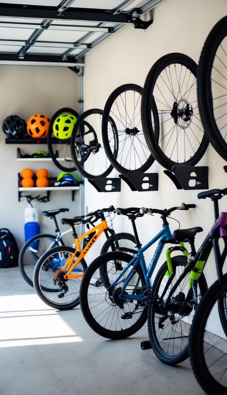 A garage with several bicycles stored securely on wall-mounted wheel holders, surrounded by organized sports equipment and storage solutions.