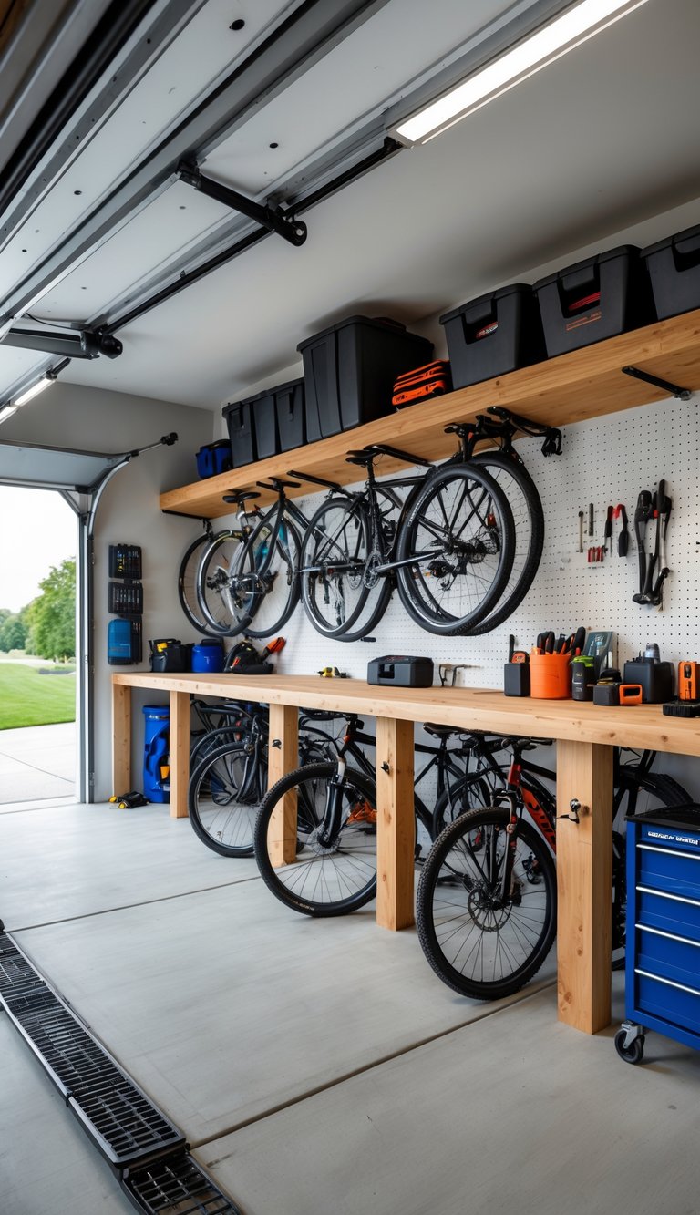 A garage workspace with wooden workbenches that have built-in bike racks holding several bicycles, along with organized tools and storage shelves.