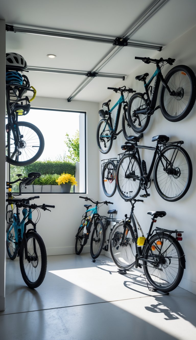 A garage corner with multiple bicycles stored on wall-mounted racks, showing an organized and tidy bike storage area.