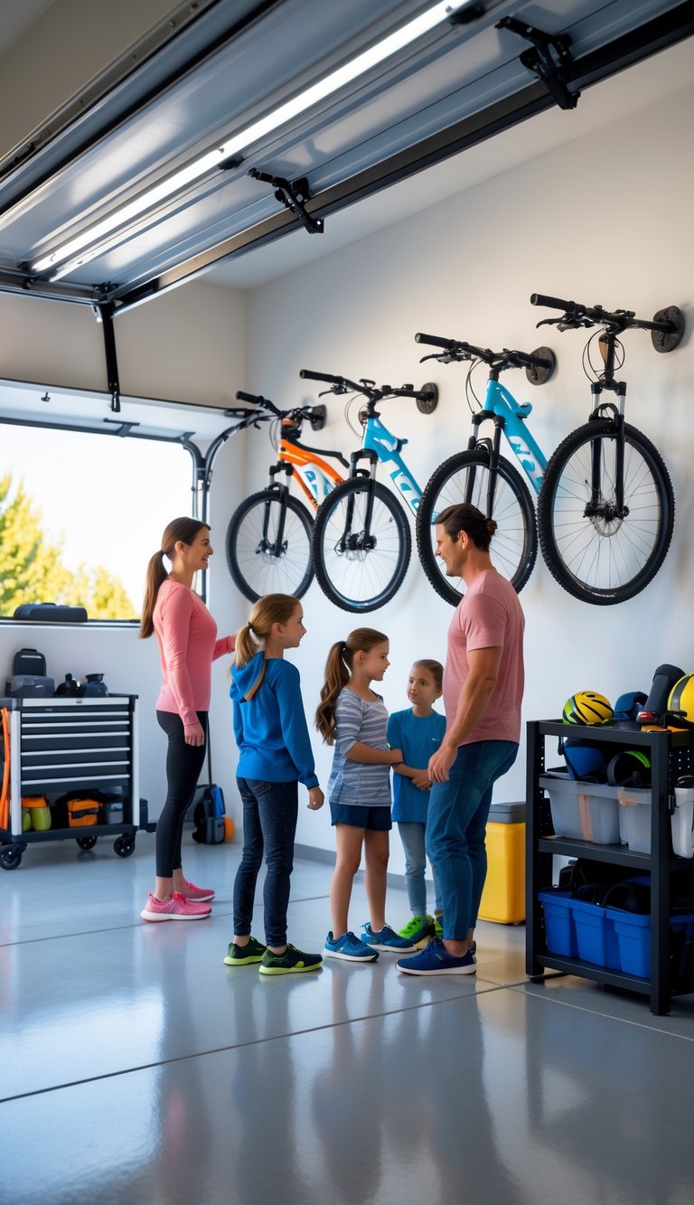 A family in a clean garage with bikes hanging on portable storage hooks on the wall.