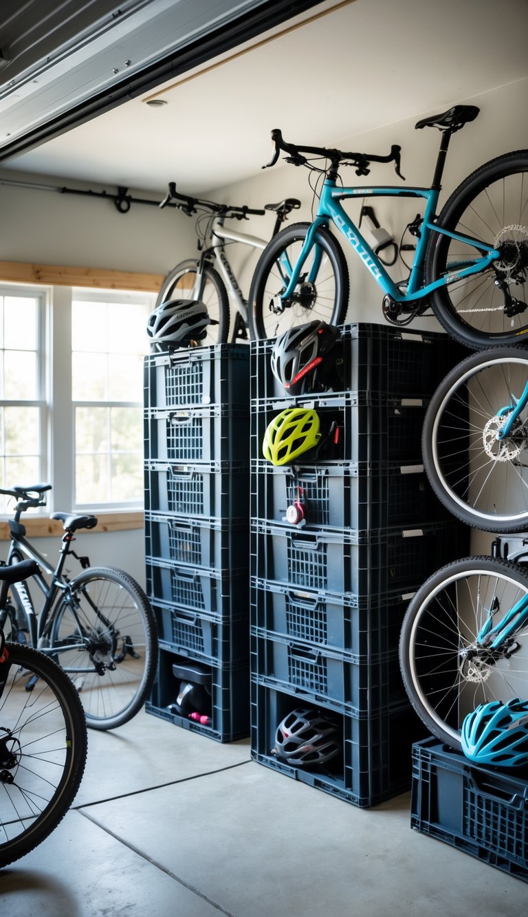 A garage with stacked bike storage crates holding several bicycles and cycling accessories in an organized manner.