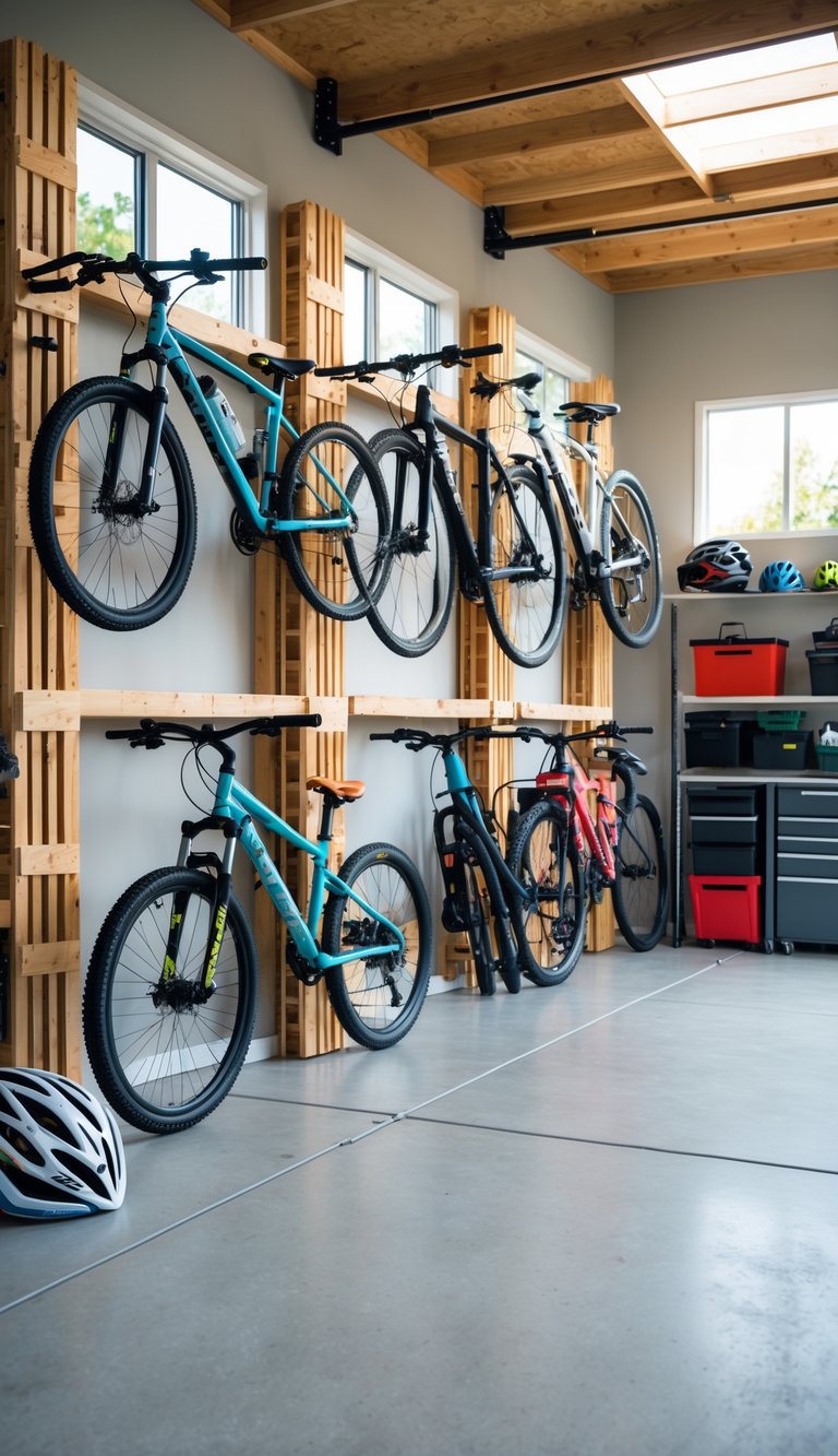 Garage interior with several wooden pallet bike racks holding different types of bicycles and organized storage shelves.