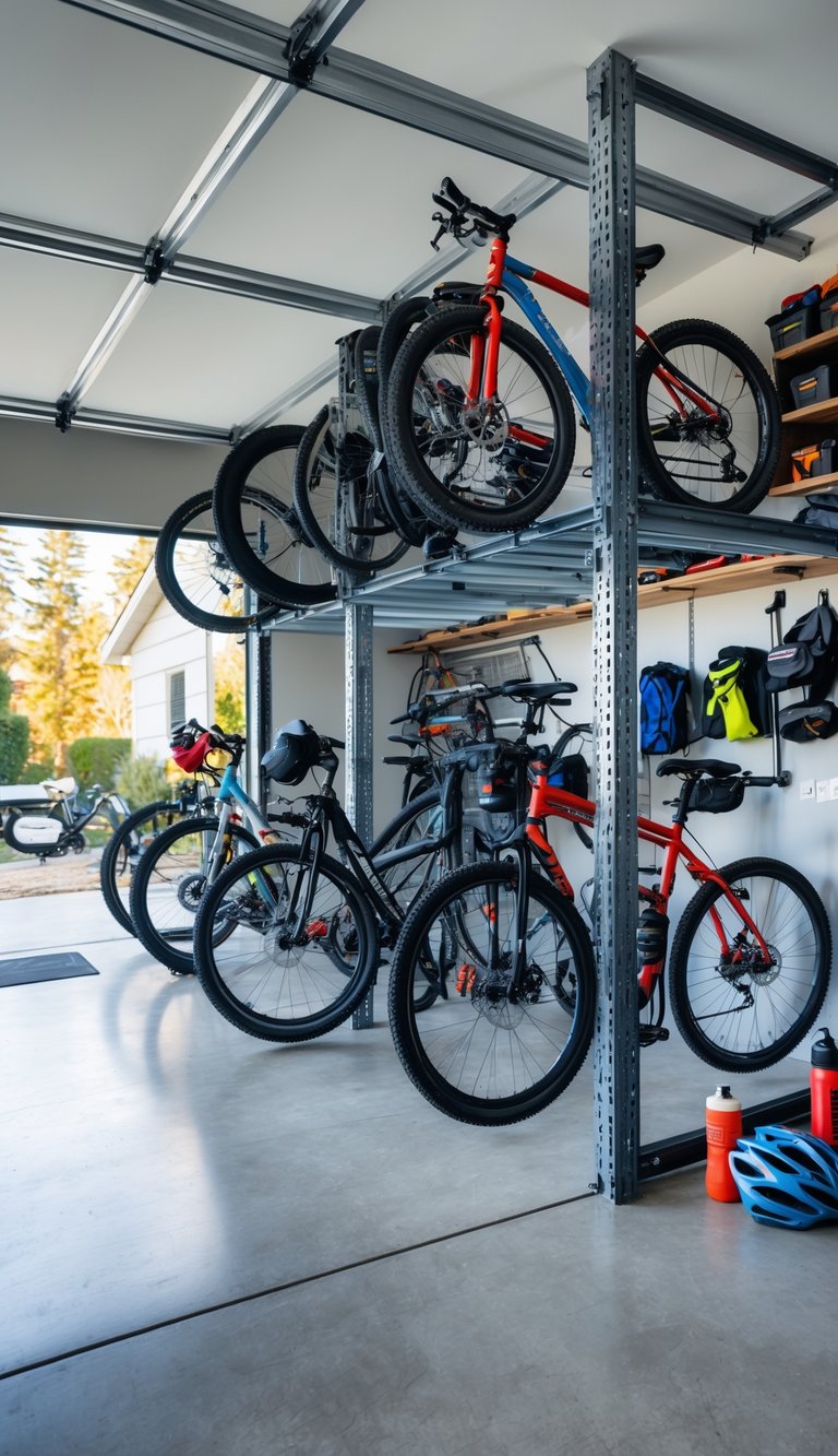 A garage with heavy-duty steel bike shelving holding multiple bicycles and organized family biking gear.