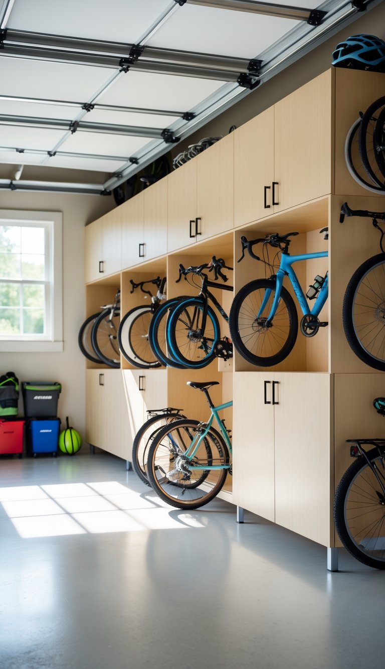 A clean garage with organized bicycle storage cabinets holding several bikes and family gear.