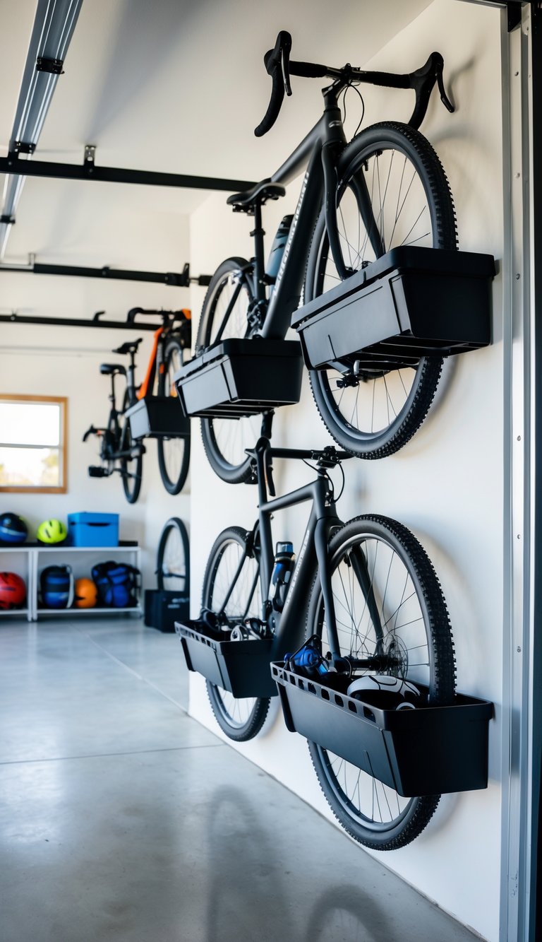 A garage wall with several bikes hanging on hooks above trays holding bike accessories, showing an organized bike storage setup.