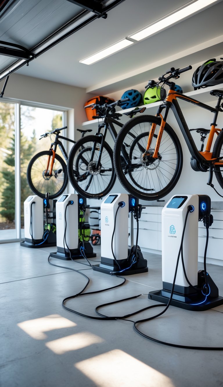 A clean and organized garage with bike racks that have built-in charging stations, holding several bicycles and family sports equipment.