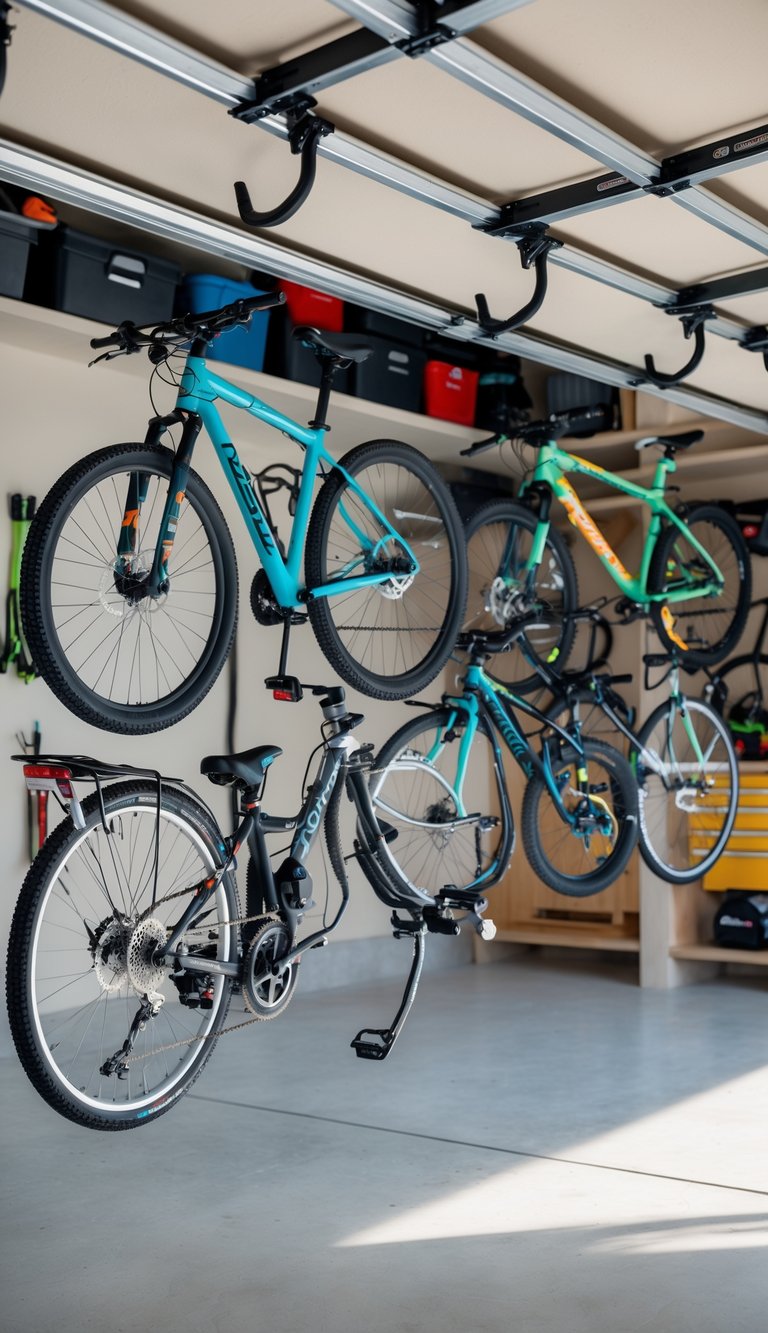 A clean garage with several bicycles hanging from ceiling-mounted pull-down hooks, showing organized bike storage for a family.