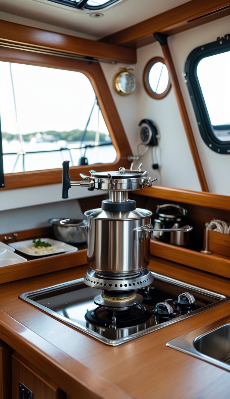A sailboat galley with a gimbaled stainless steel stove securely installed for cooking while underway.