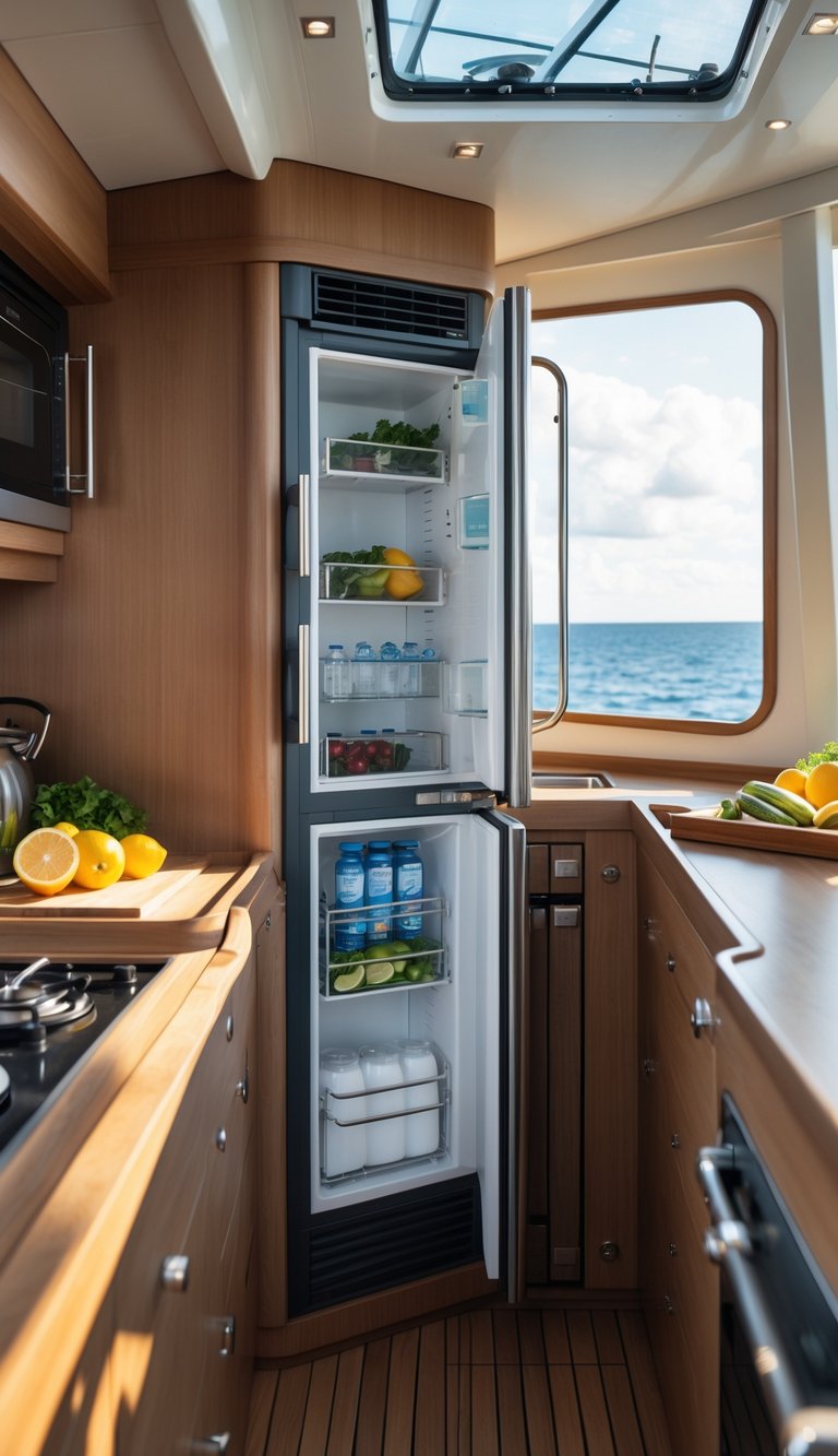 Interior of a sailboat galley with a Sea Frost refrigeration unit, wooden cabinets, and kitchen equipment, with a view of the ocean through a window.