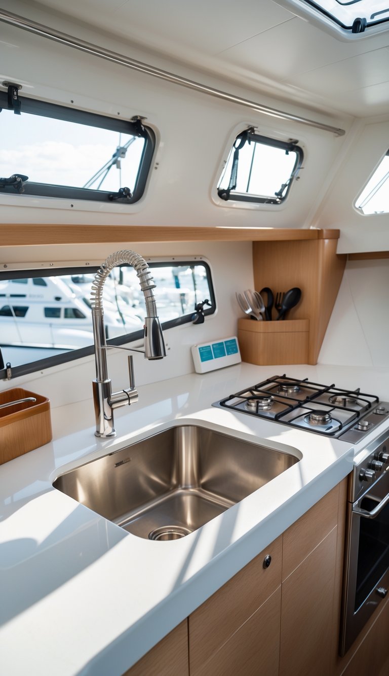 Interior of a sailboat galley with white countertops, sink, stove, and wooden cabinets.