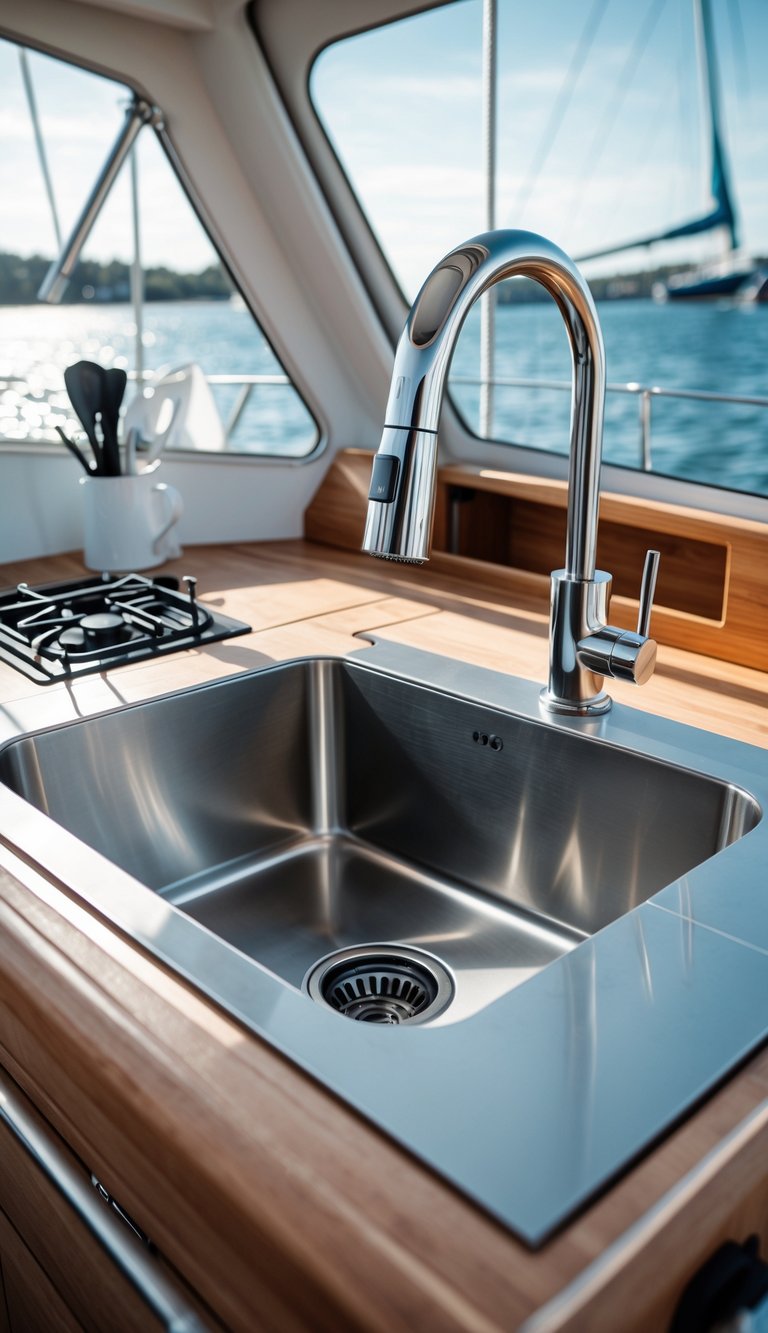 A sailboat kitchen with a deep single-basin stainless steel sink and high-arc faucet installed in a wooden countertop, with a small window showing the sea outside.