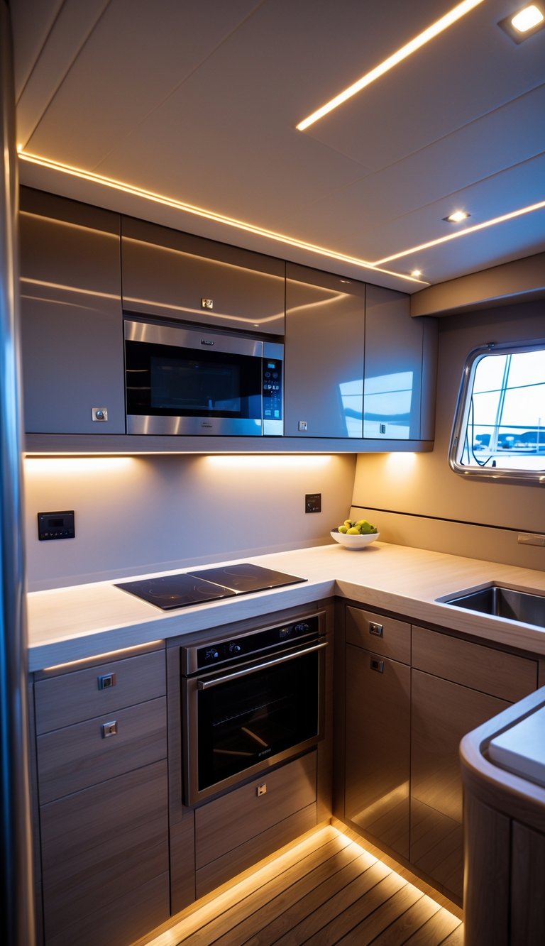 Interior of a sailboat kitchen with LED strip lights under the cabinets illuminating the countertop.