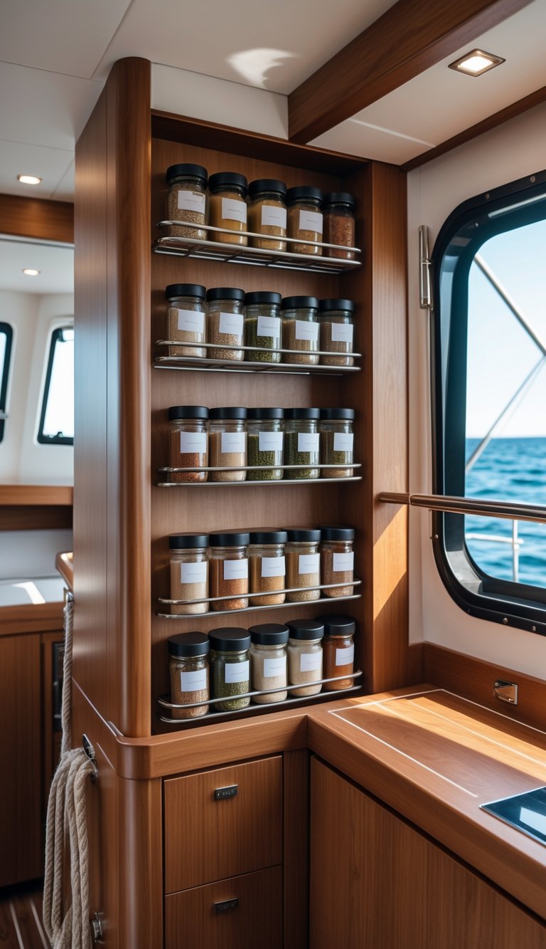 Built-in spice rack with seasoning jars securely stored in a sailboat galley with wooden cabinets and a view of the ocean through a window.