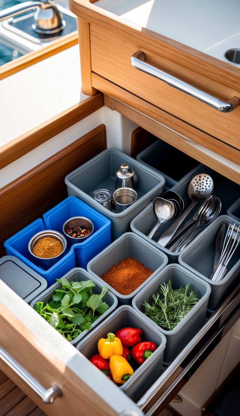 Open sailboat galley drawer with modular storage bins holding kitchen utensils and spices.