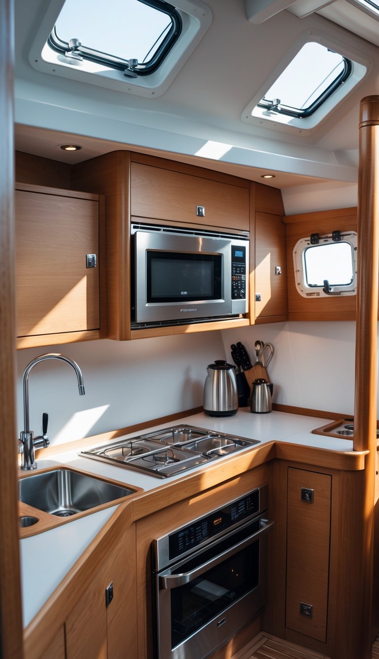 A sailboat galley with a microwave oven installed above the countertop, showing a clean and organized kitchen space inside the boat.