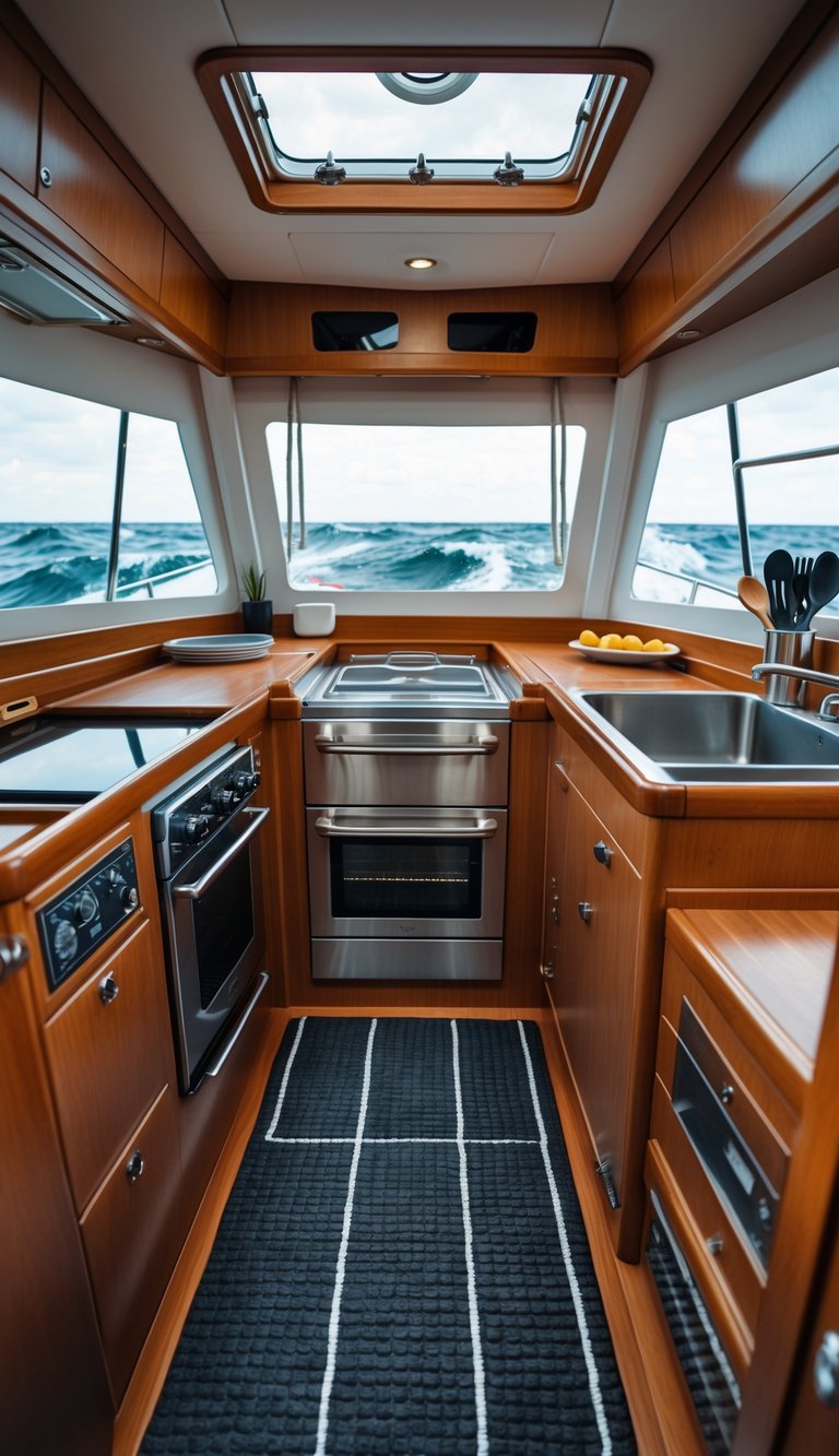 Interior of a sailboat galley with non-slip mats on the floor and rough sea visible through the window.