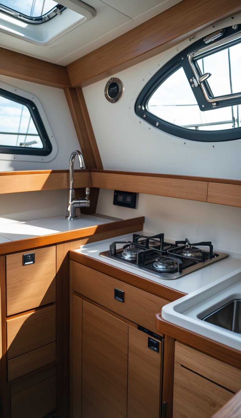 Interior of a sailboat galley with wooden cabinets featuring soft-close marine hinges, a stove, and a clean countertop.