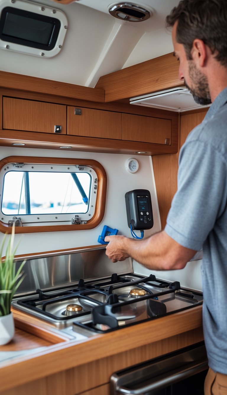 Person installing a propane leak detector in the galley of a sailboat near the stove.