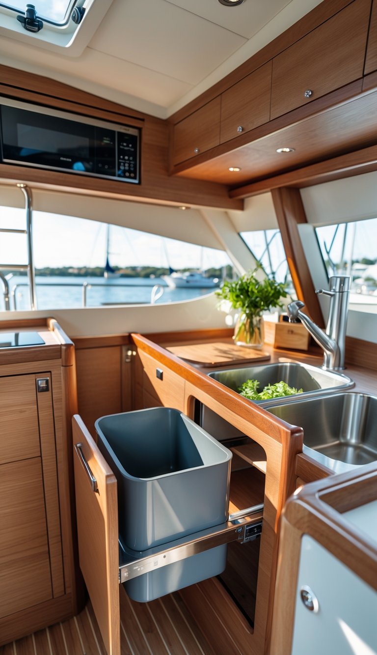 Interior of a sailboat galley with a pull-out trash bin integrated into the cabinetry, showing a clean and organized kitchen space.