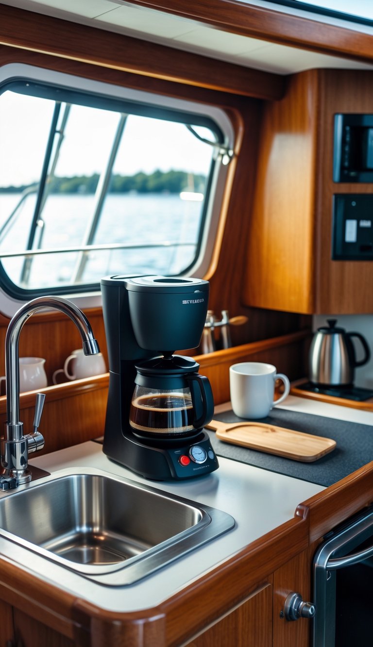 Compact drip coffee maker on the countertop of a small sailboat galley with wooden cabinets and a sink nearby.