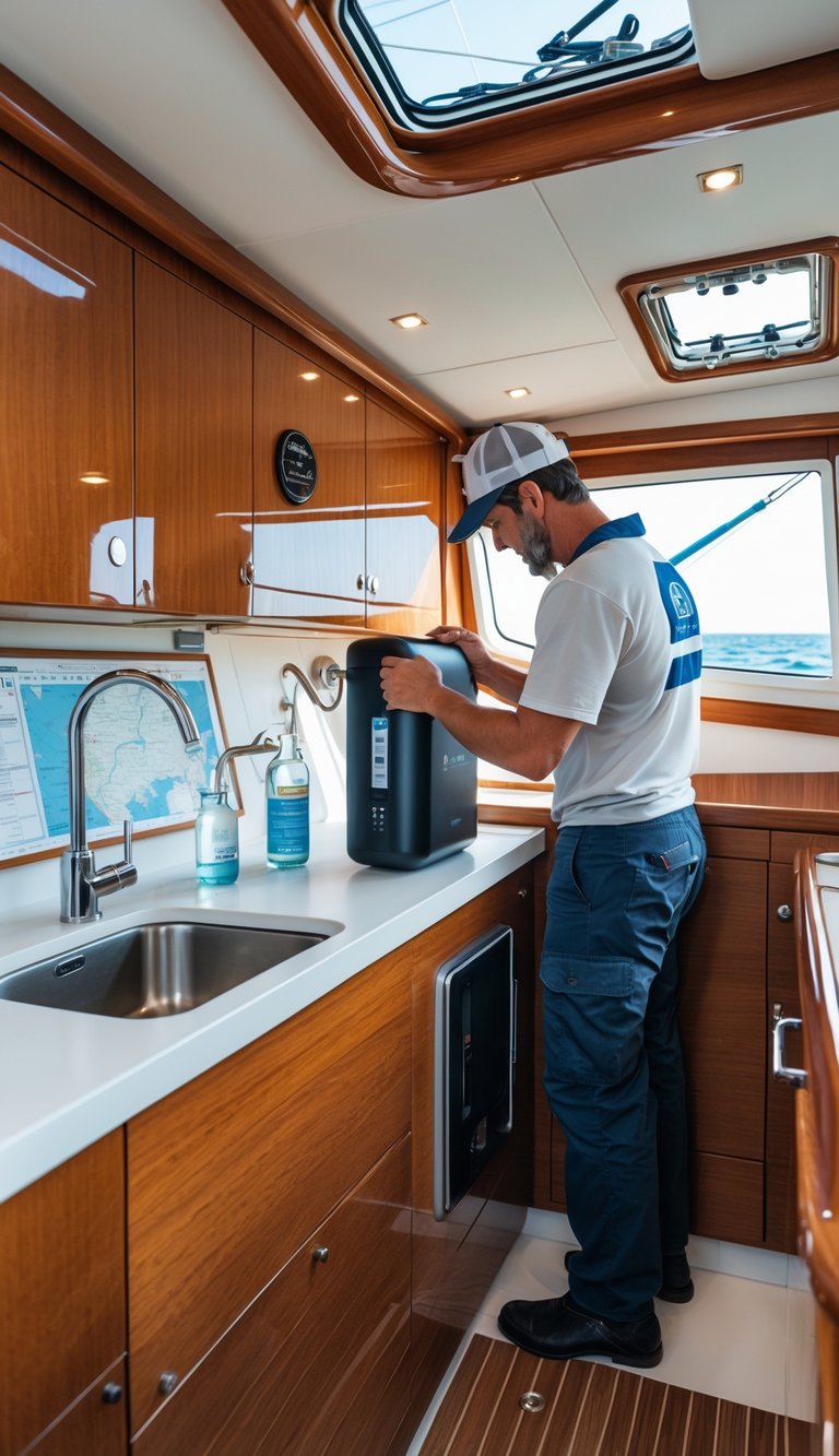 A person installing a marine water purifier under the sink in a sailboat galley with wooden cabinets and a view of the sea through a porthole.