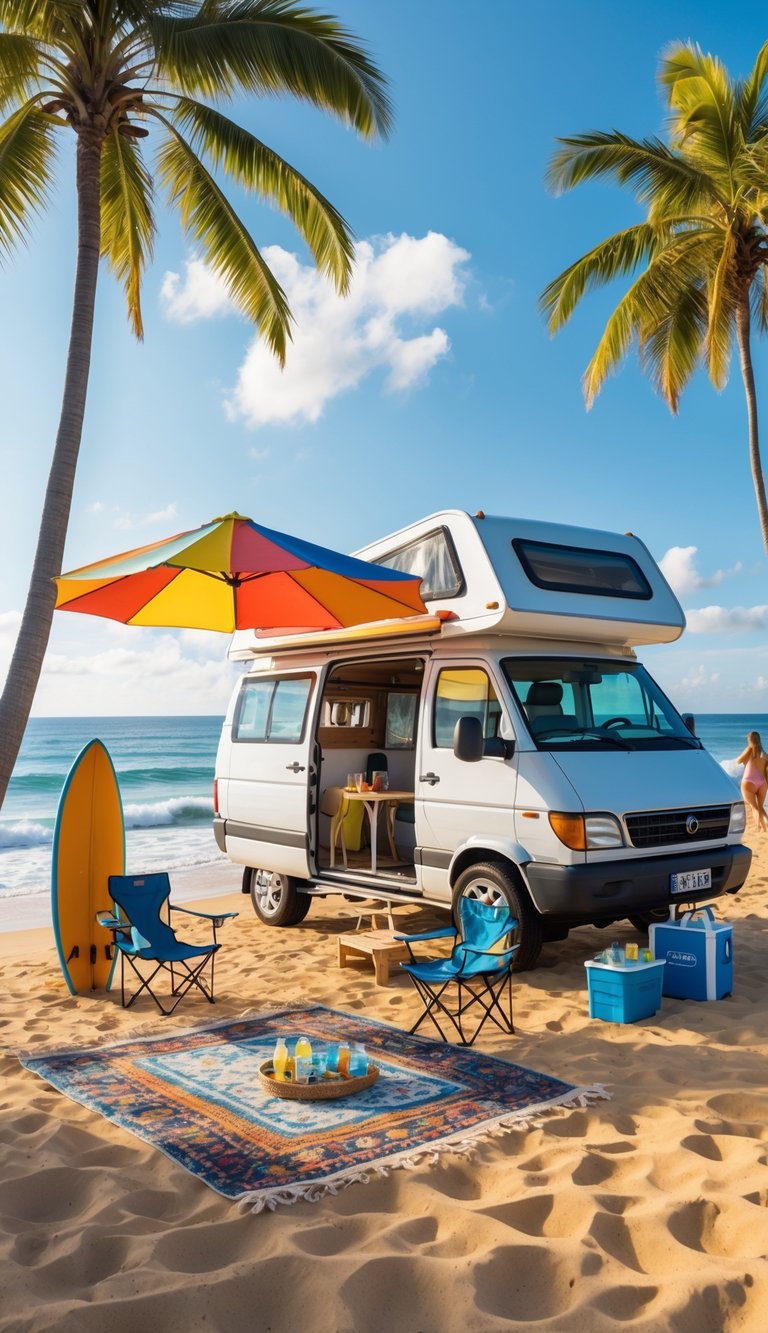 A camper van parked on a sandy beach with beach chairs, an umbrella, a surfboard, and people relaxing near the ocean.