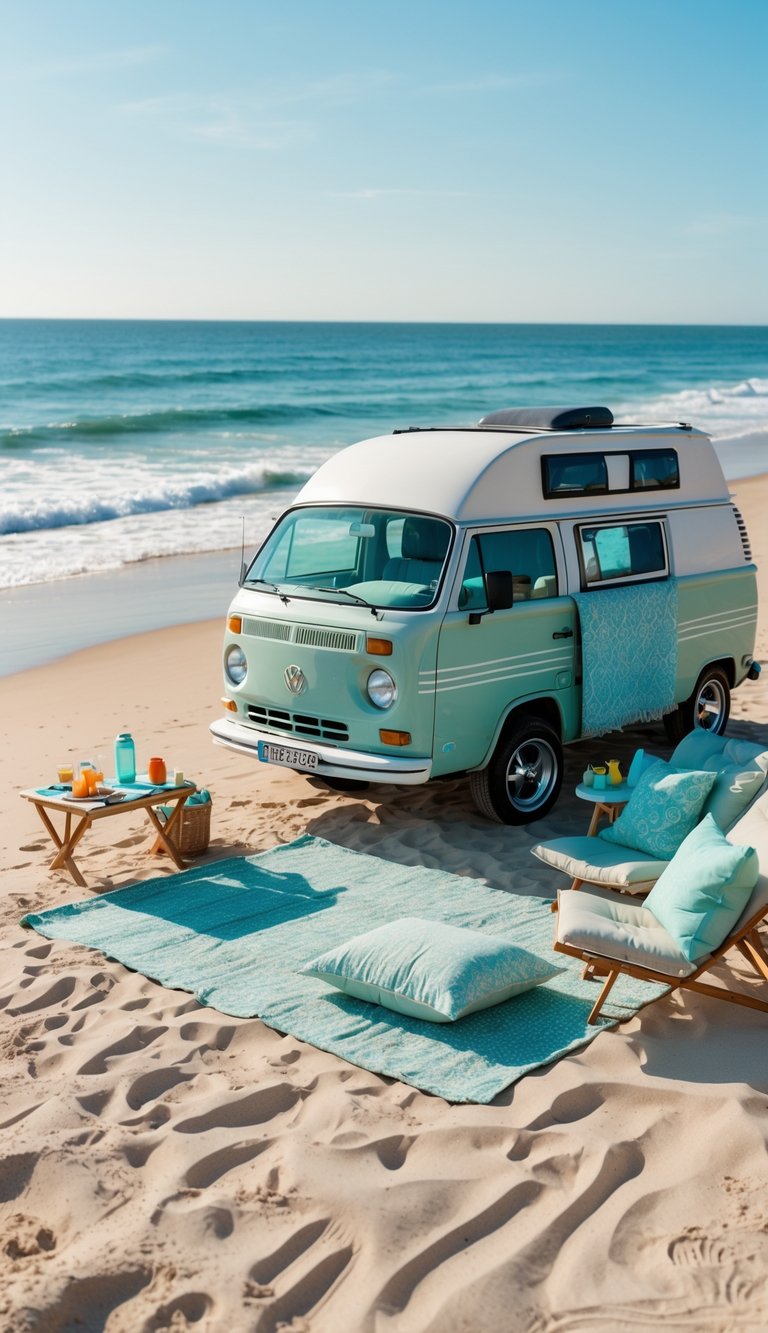 A camper van parked on a sandy beach near the ocean with beach chairs and outdoor gear arranged around it.