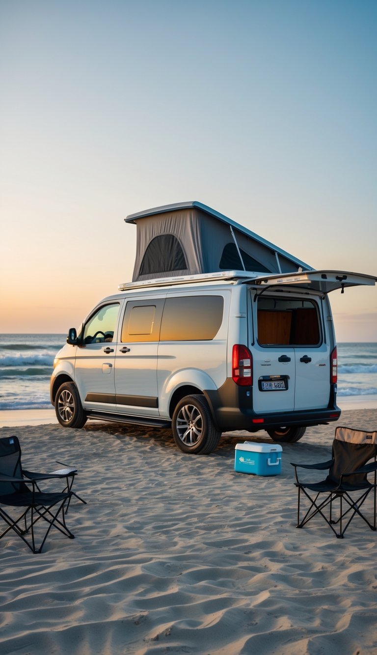 A camper van with a pop-up roof extended, parked on a sandy beach near the ocean with camping gear around it.