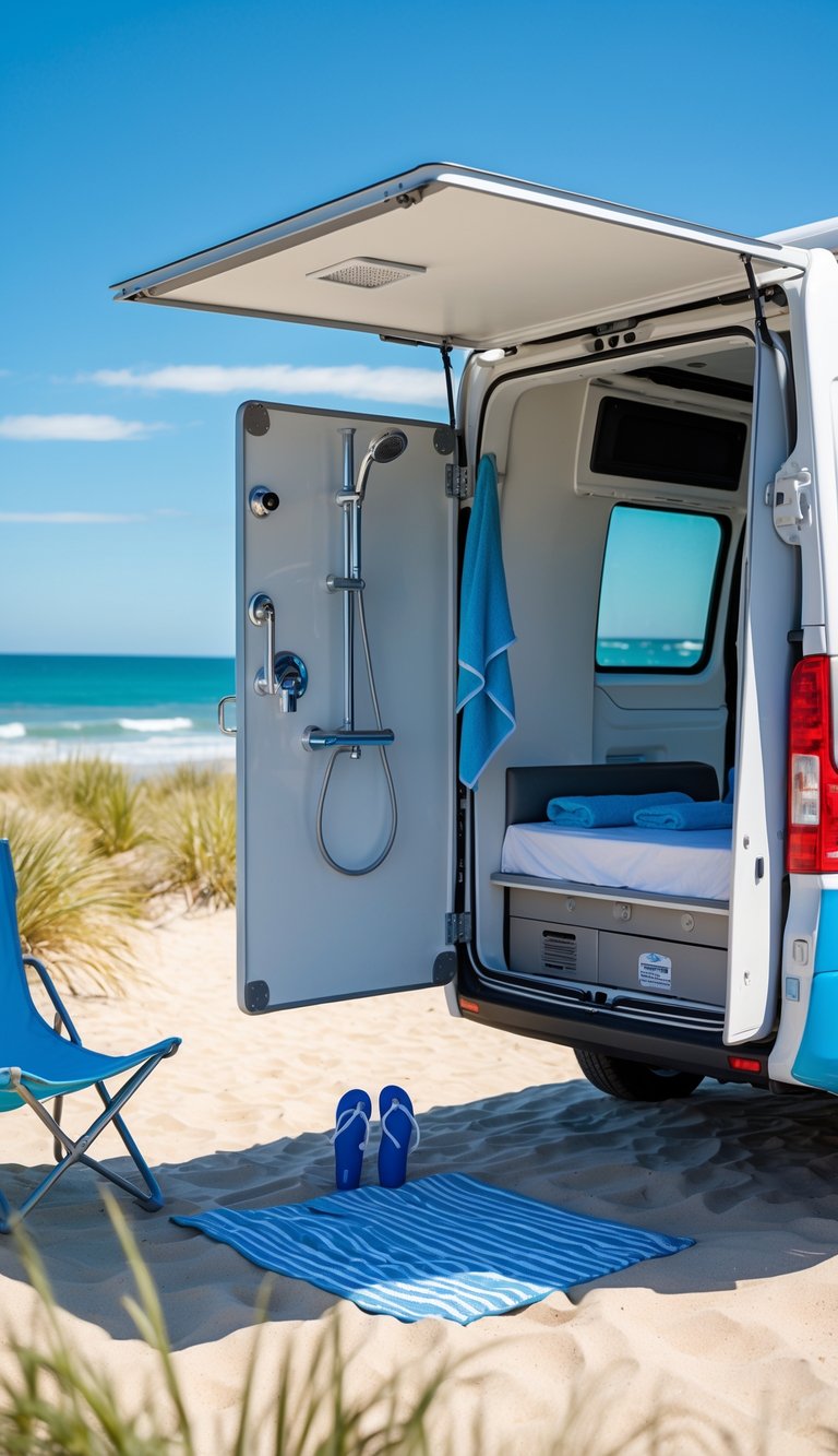 Fold-out outdoor shower attached to a camper van on a sandy beach with ocean waves and coastal vegetation in the background.