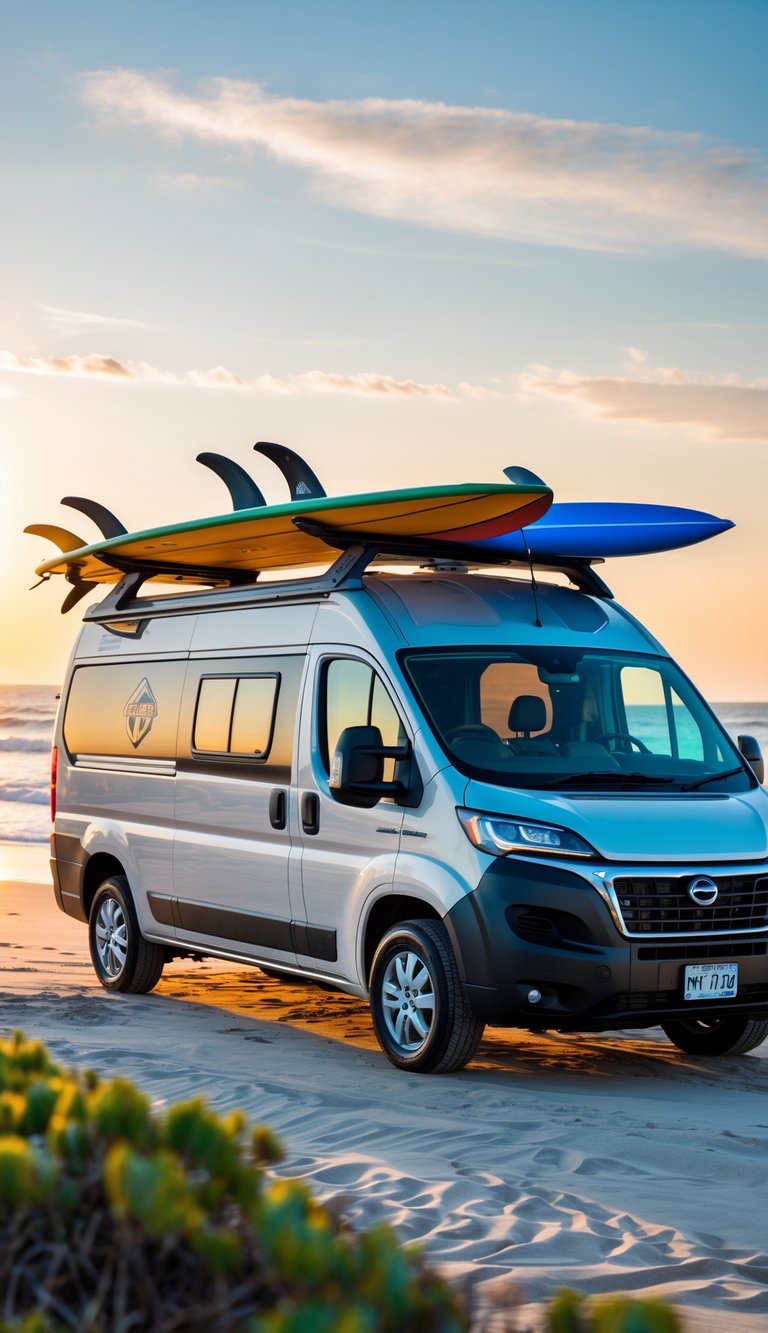 A camper van parked on a beach with surfboards mounted on custom racks integrated into its roof, near the ocean at sunset.