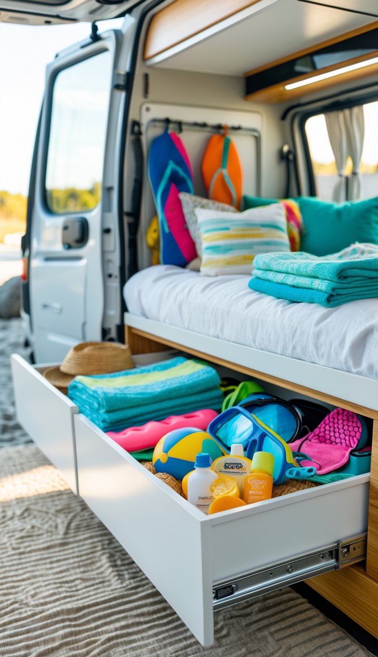 Under-bed storage drawers open in a camper van, filled with organized beach gear like towels, snorkeling equipment, and flip-flops.
