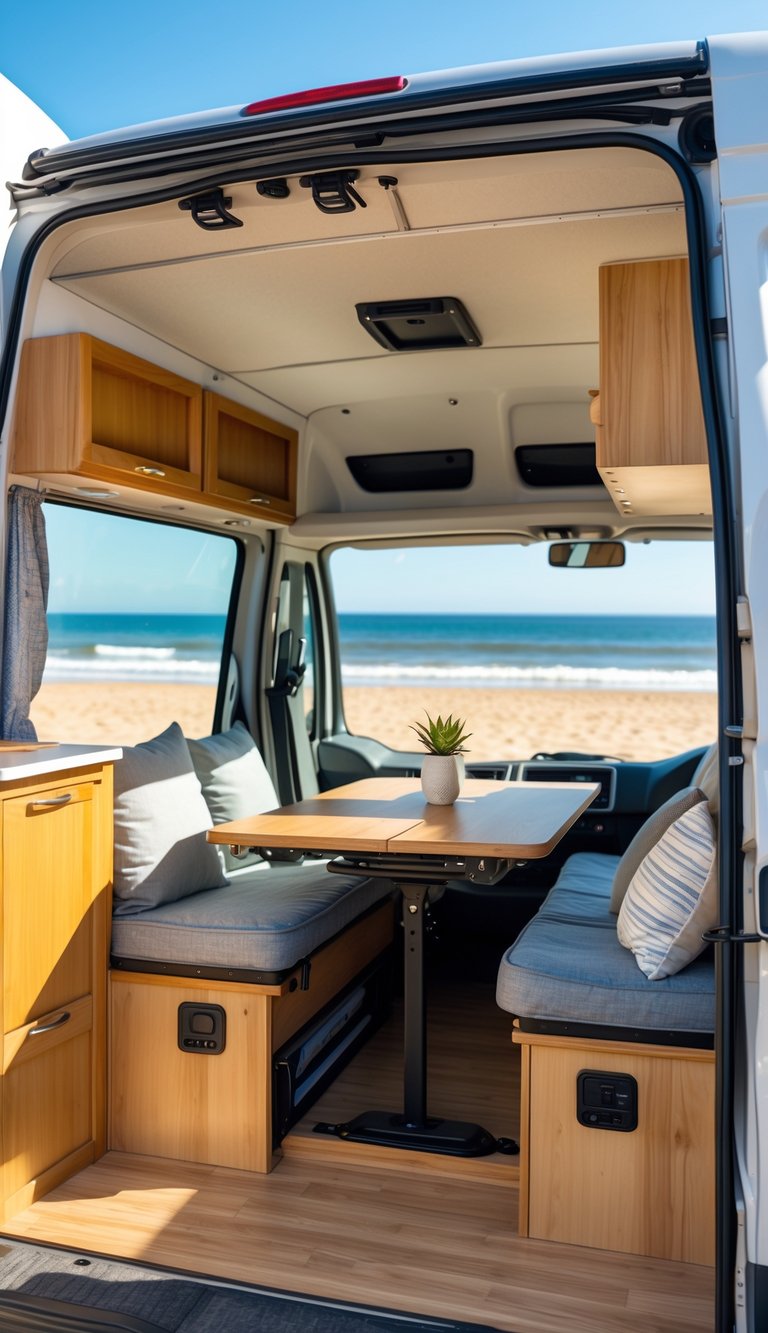 Interior of a camper van on a beach showing a convertible dinette partially transformed into a bed with cushions and a blanket.
